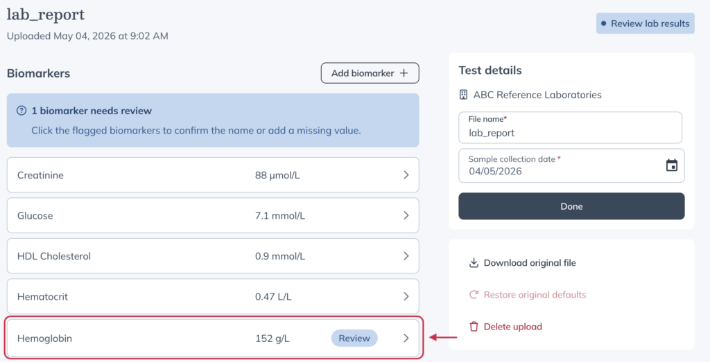 A lab upload showing biomarkers with a Review status.